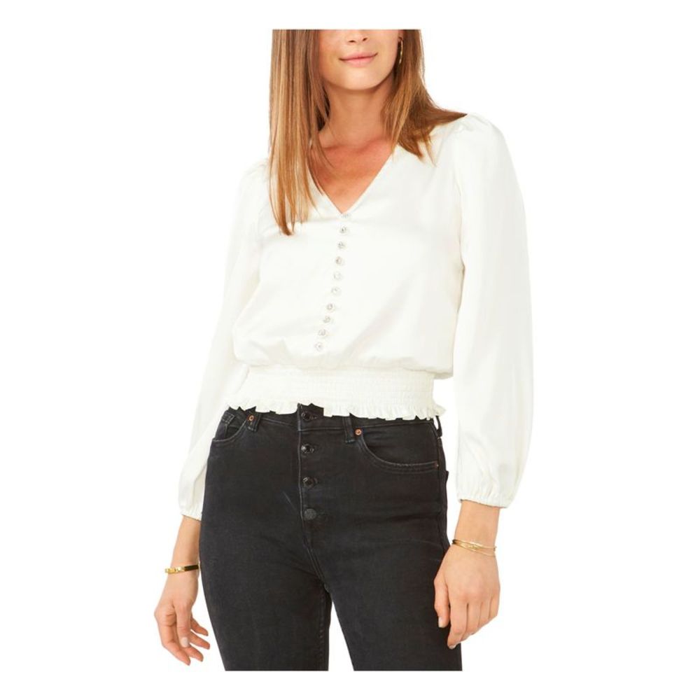 28TH & PARK Womens Ivory Buttons Long Sleeve V Neck Wear To Work Blouse S